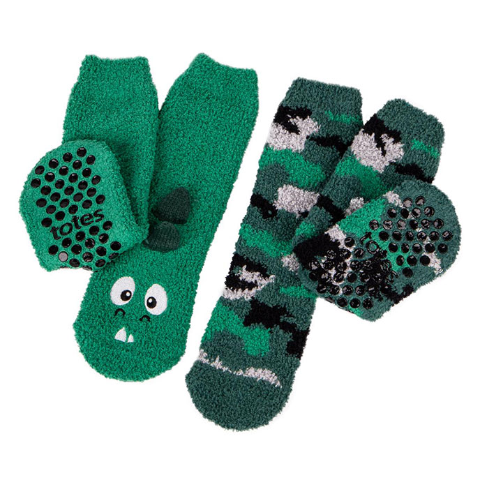 totes toasties Boys Supersoft Slipper Socks (Twin Pack) Green Dino Extra Image 2